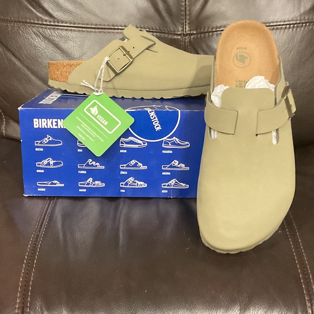 Birkenstock Khaki Slip-Ons, Size 38/7